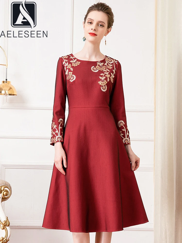 

AELESEEN Runway Fashion Midi Dress Women Spring Autumn Gold Flower Embroidery Sequined Jacquard Long Sleeve Party Holiday