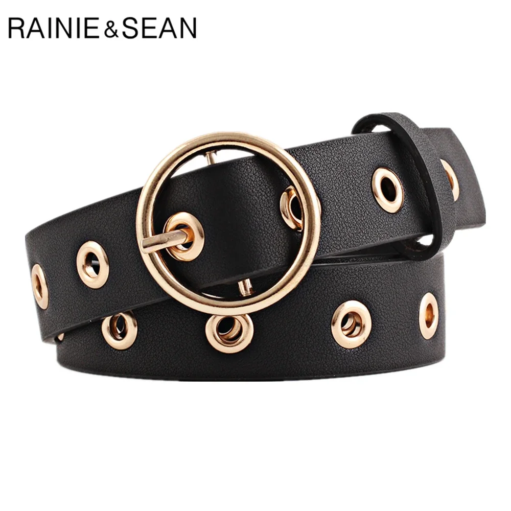 

RAINIE SEAN Women Belt Golden Round Buckle Fashion Leather Belt for Women Black Pink White Red Ladies Belts for Jeans Holes