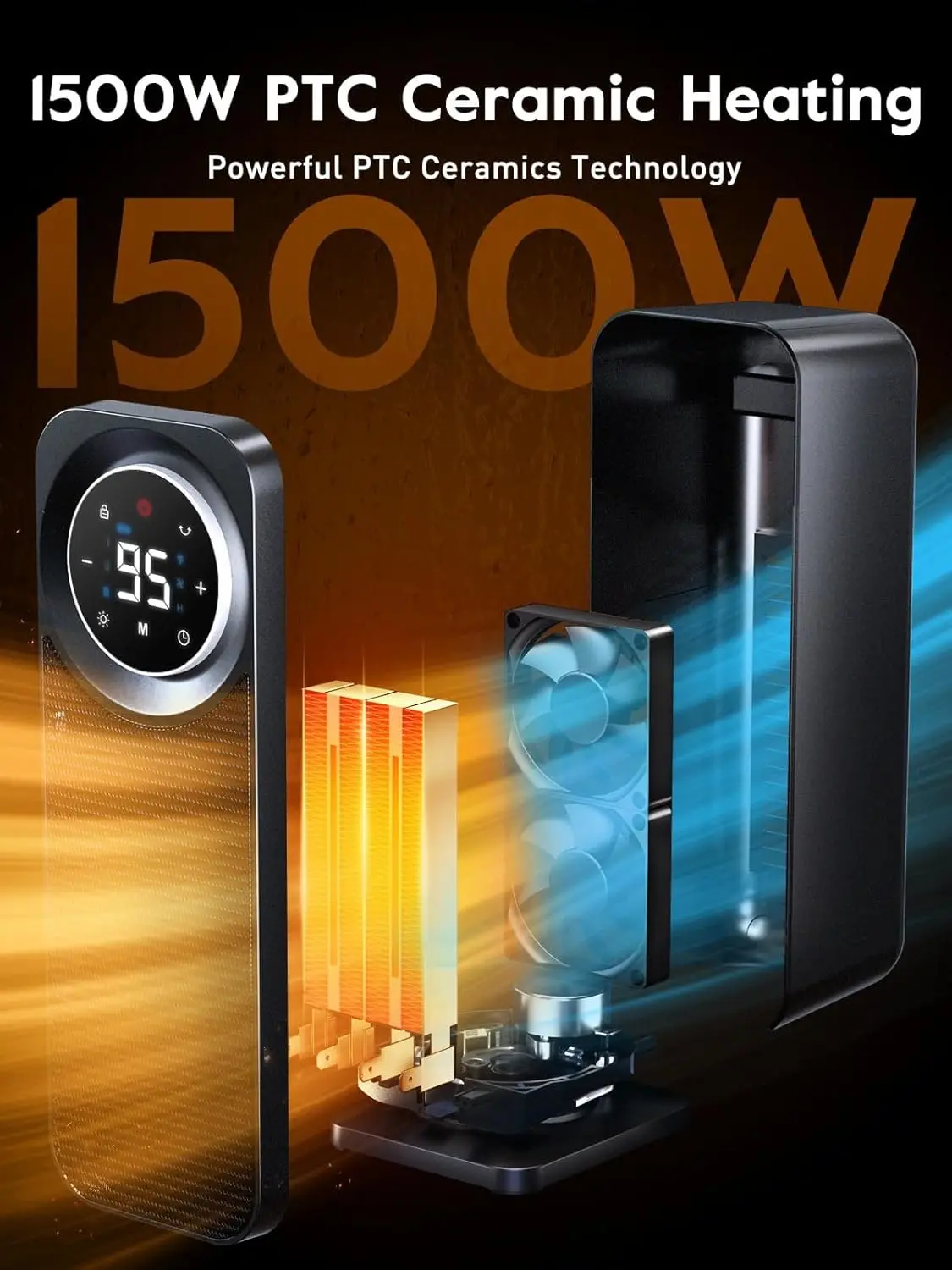 Touch Panel Space Heaters for Indoor Use, 1500W Fast Heating Electric Heater with Remote, 5 Modes, Quiet and Night Light