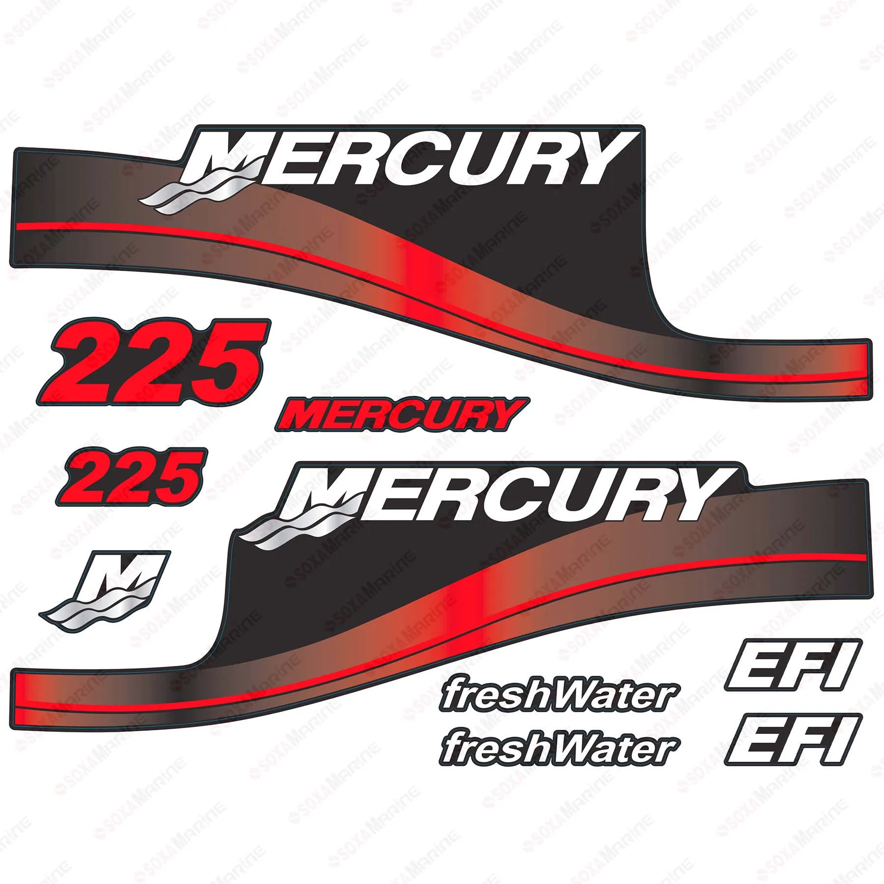 Red Decal Kit Sticker Set  for Mercury 225 HP EFI freshWater Outboard Engine Reproduction 225hp EFI freshWater