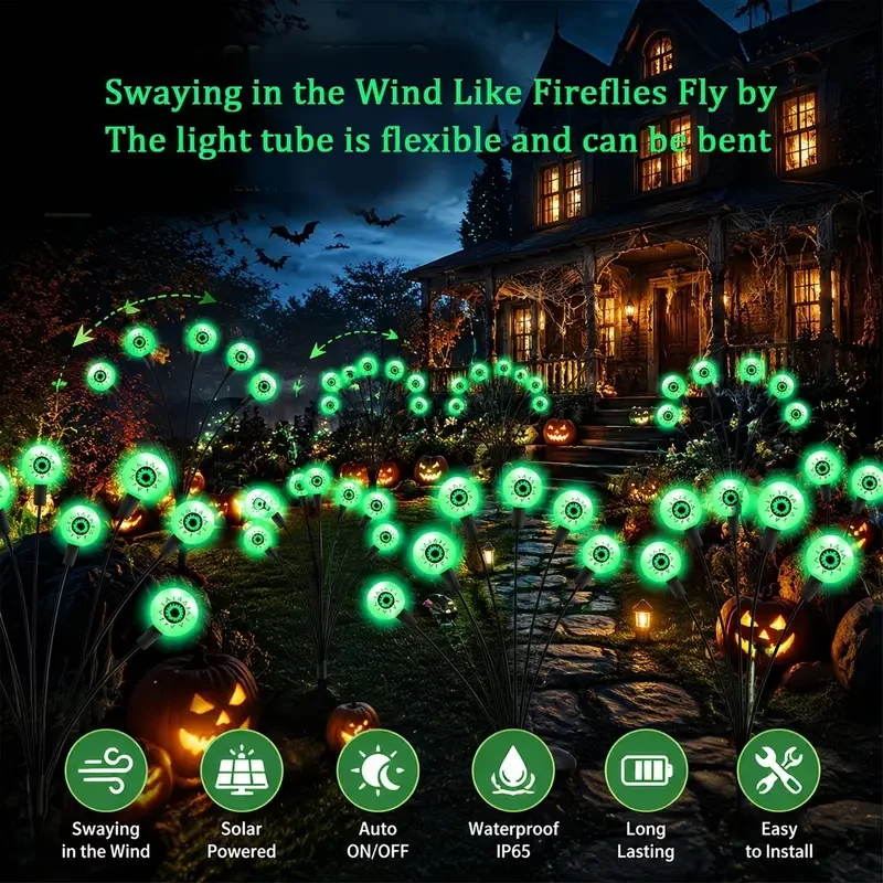 Solar-Powered Halloween Eyeball Path Lights, Green Glowing Wobbling Eyeball Stake Lights, Outdoor Lawn and Garden Decorative Lights, 2 Lighting Modes