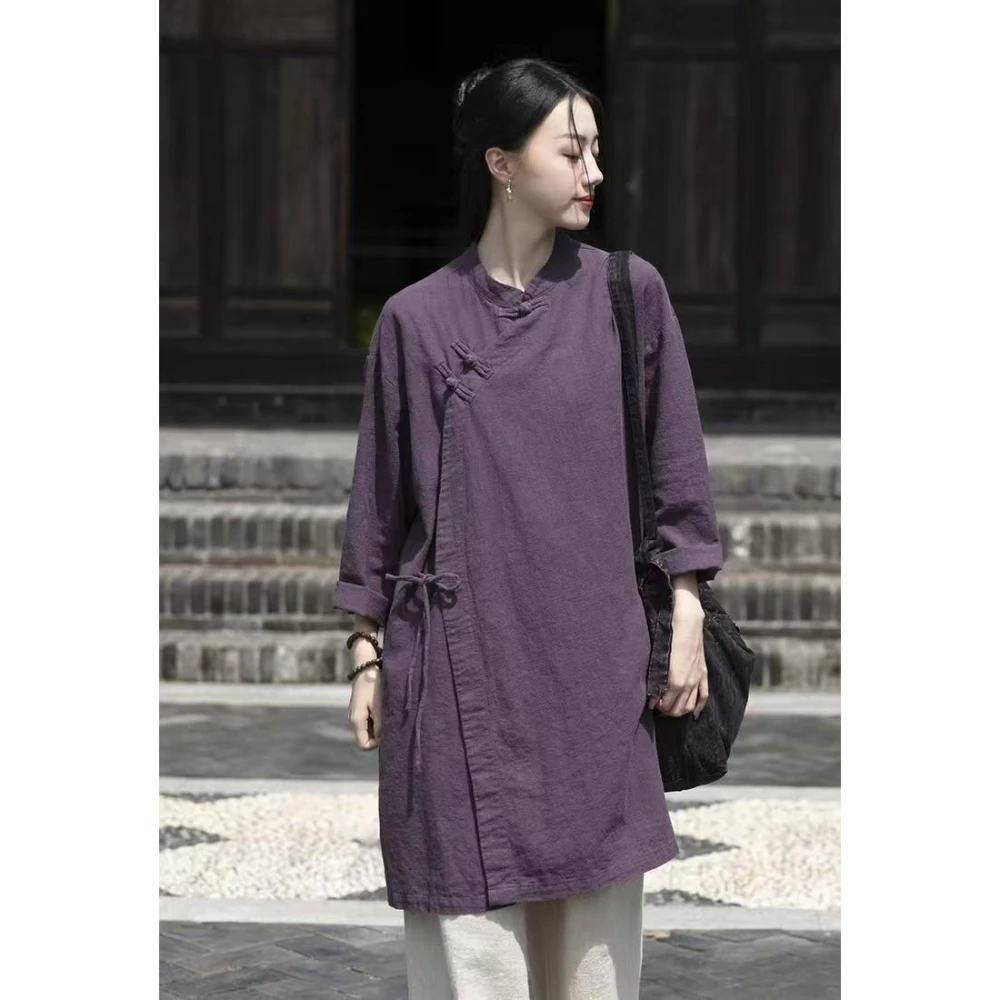 Chinese Style Frog Button Linen Jacket Women Mandarin Collar Midi Loose Retro Zen Tea Ceremony Tai Chi Practice Outerwear