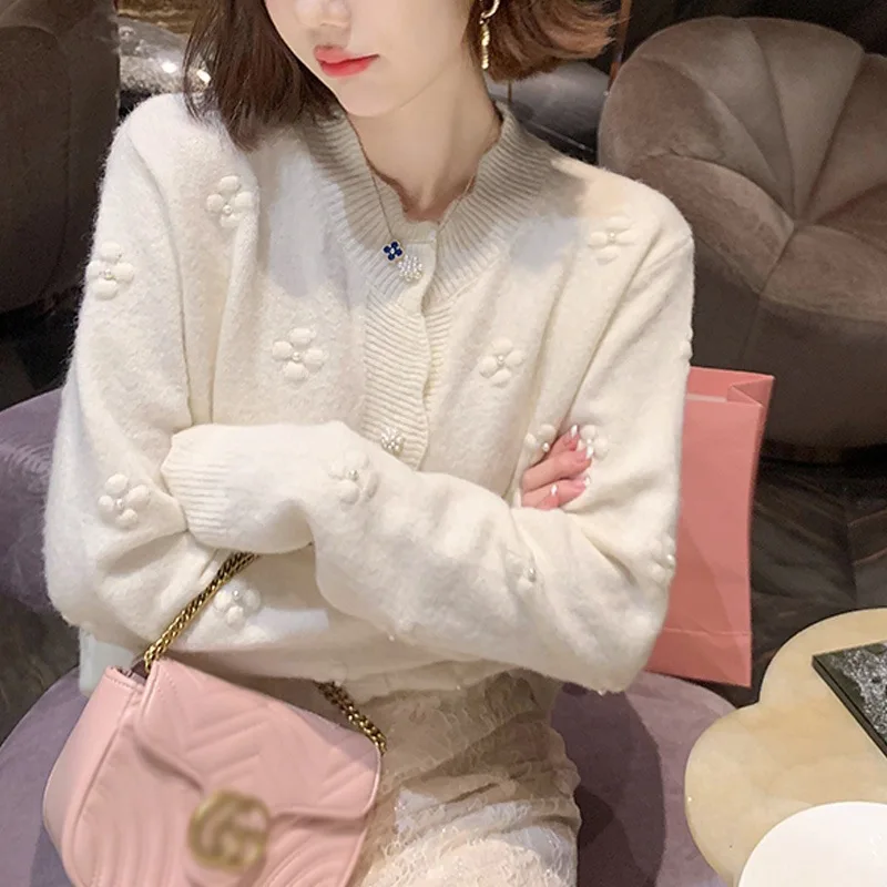 Women Flower Pearl Beaded Wavy Edge Knit Cardigan Long Sleeve Sweet Casual Sweater