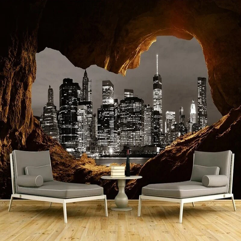 Simple Nordic cave stone wall city night view 3d large TV luxurious home decoration bedroom background wall