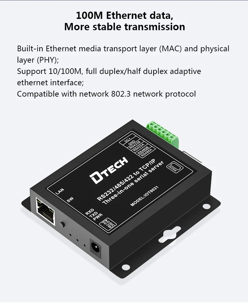 DTECH-IOT9031 Industrial Modbus Ethernet Converter Serial to TCP IP Three-in-One Adapter Server with RS232 RS485 RS422