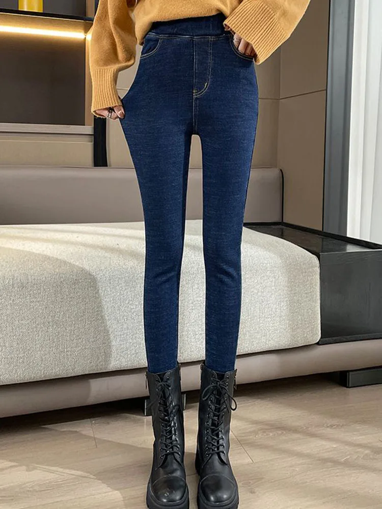 Winter Warm Vintage Skinny Pencil Jeans Women Casual Elastic High Waist Velvet Lined Denim Pants Korean Thicken Stretch Vaqueros