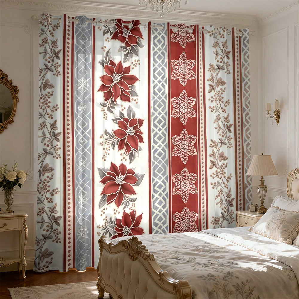 2pcs Merry Christmas Wreath 90g Print Perforated Curtain Living Room Bedroom Summer Shade Multi Size Fashionable Home Decoration