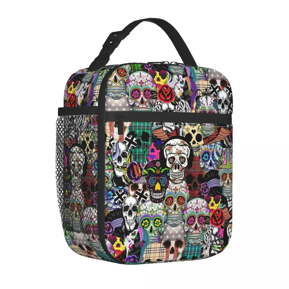 Mexican Day Of The Dead Skull Insulated Lunch Bag for Women Resuable Halloween Cooler Thermal Lunch Box Kids School Children