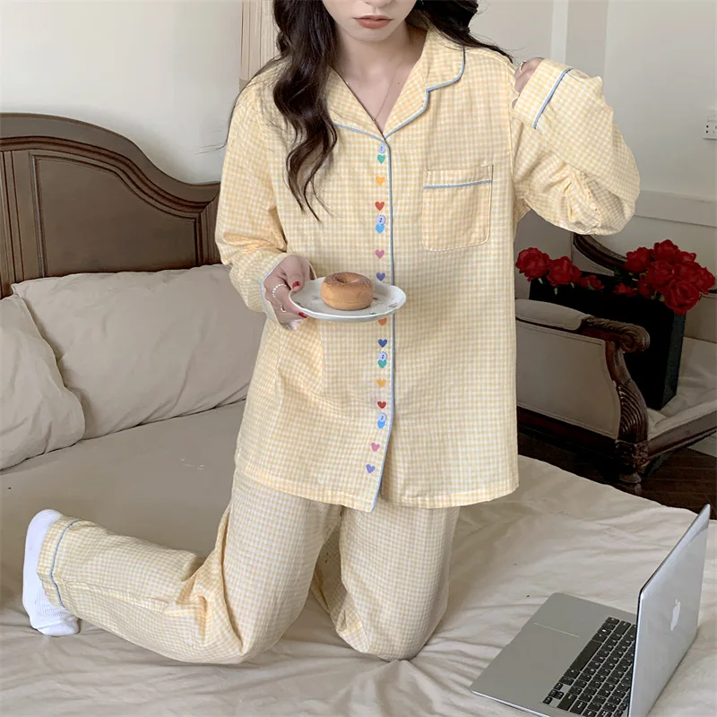 Korean Style Sweet Beige Grid Student Homewear Set 2023 New Long Sleeved Pants Cute Pajamas Suit for Women\'s Autumn