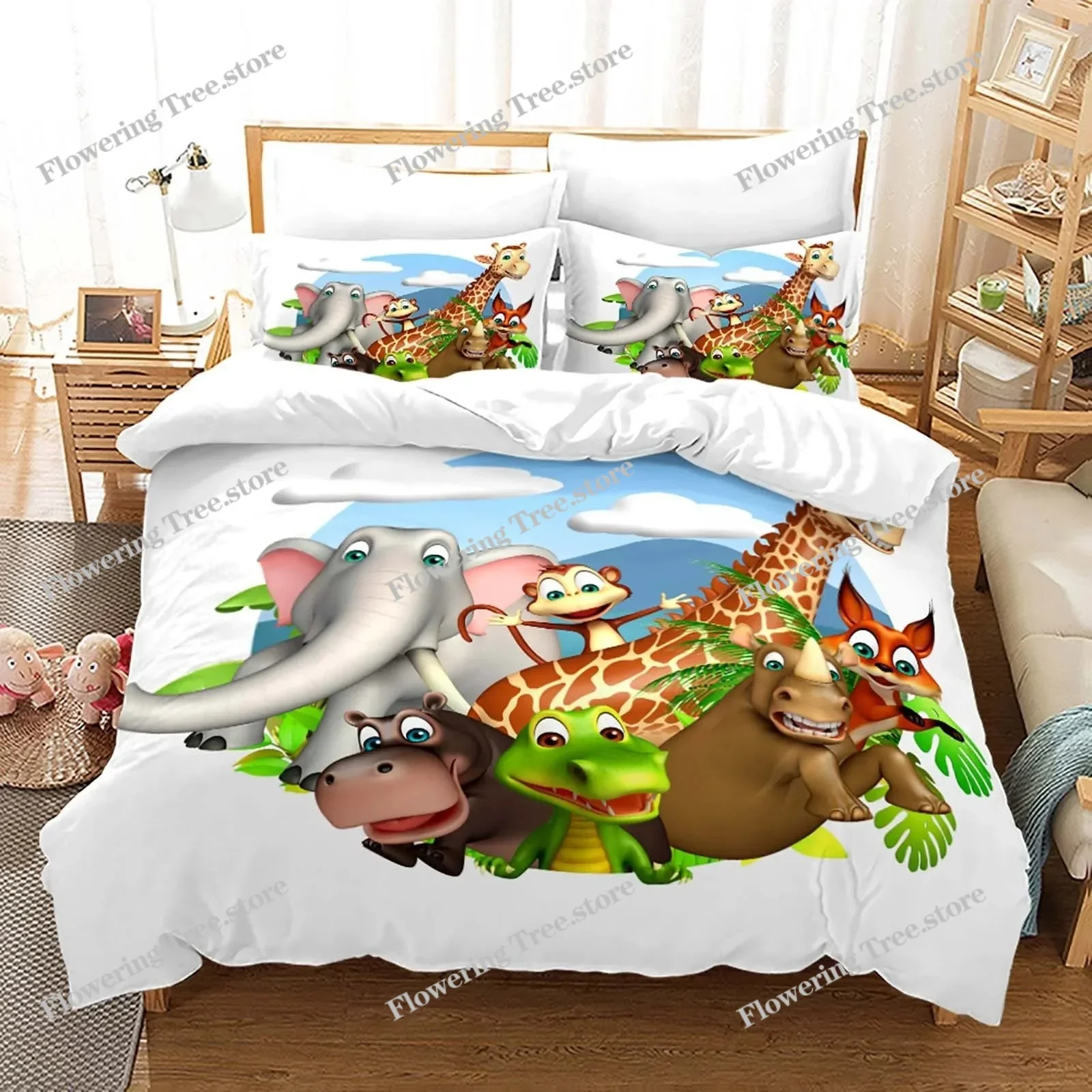 Cute Animals Cartoon Printed Duvet Cover Set with Pillowcases 3d Classic Bedding Set Linen Bedclothes Twin Full Queen King Size