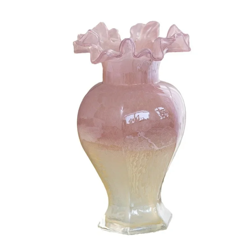 

Medieval vase ornament pink flower arrangement decorative dining table glass home retro light luxury glazed French