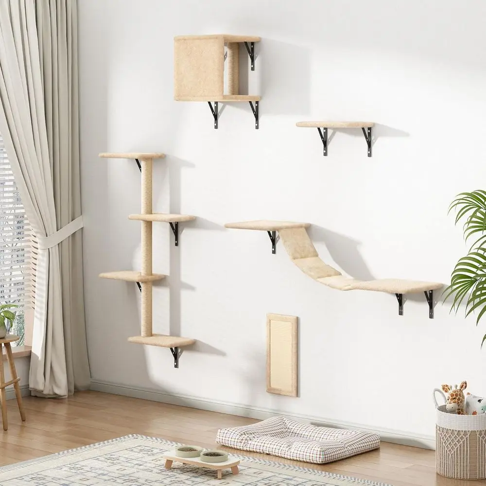 

Wooden Wall-Mounted Cat Climbing Set with Perches, Ladder, House, Scratching Board, Beige