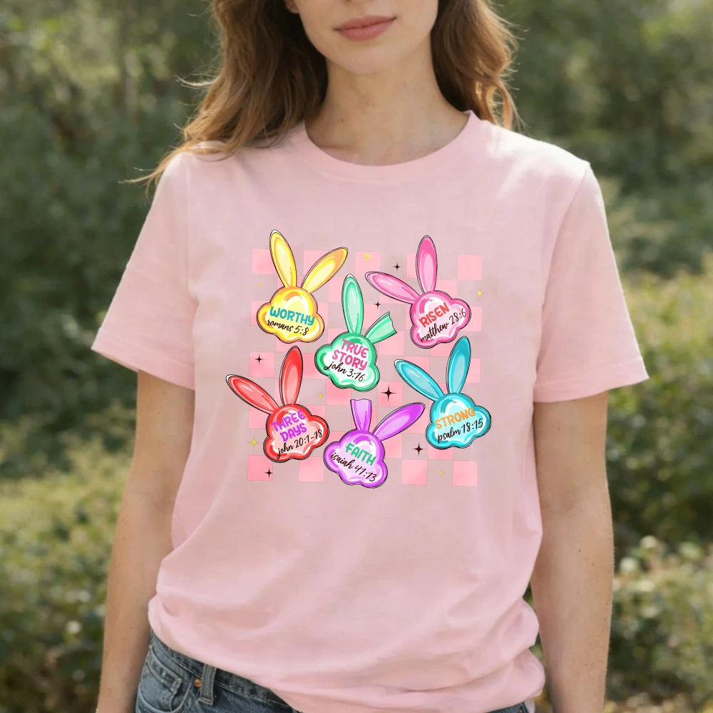Checkered Religious Easter T-Shirt Colorful Bunny Heads with Bible Verses Graphic Breathable Fabric Fashion for Short-sleev