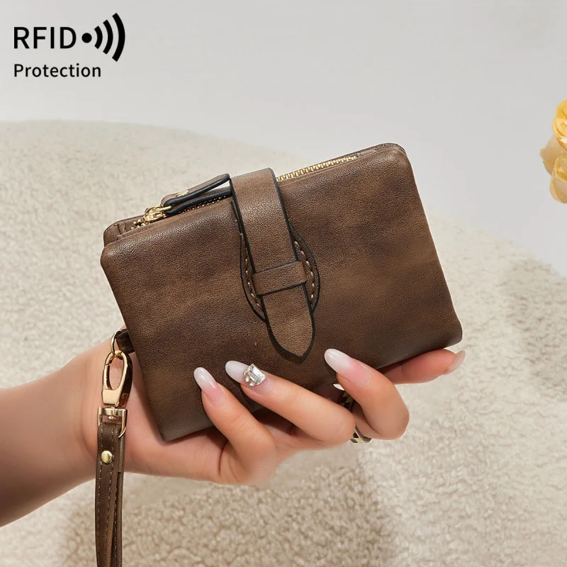 Classic Women's Trifold Wallet Small RFID Blocking Compact Credit Card Holder with ID Window and Wristband Short Coin Purse