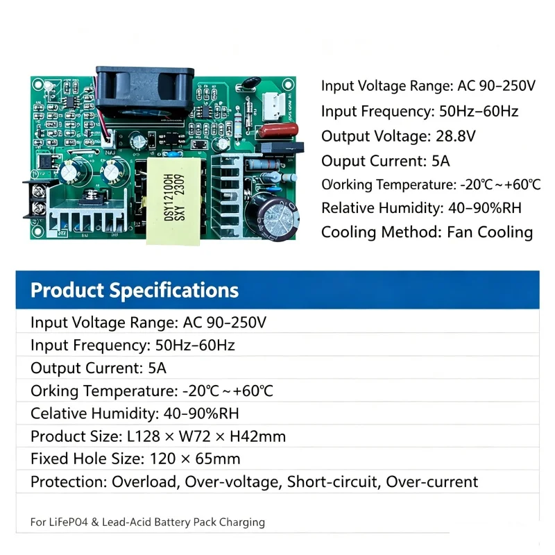 1pcs/lot 28.8V 5A AC‑DC Charging Board AC90‑250V Multiple Protection Charger Module For LiFePO4 Lead‑acid Battery Pack