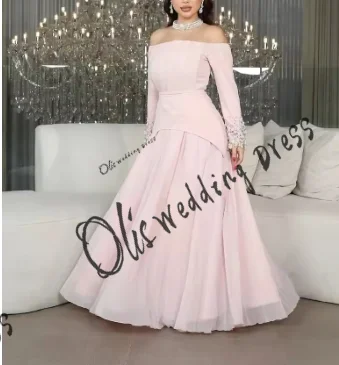 

customized Off The Shoulder Prom Dresses Long Sleeves Strapless Floor Length Beadings Party Dresses Evening Dresses