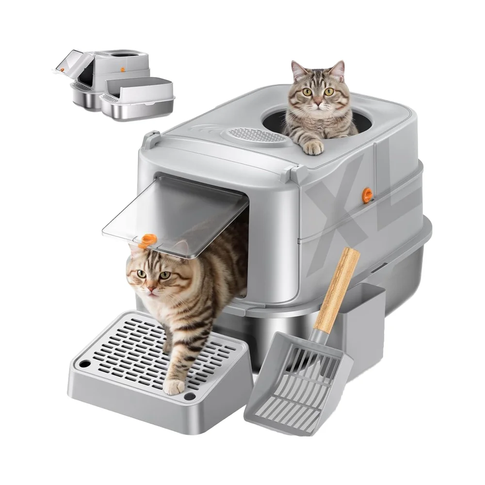 

Очень большой лоток для кошачьего туалета из нержавеющей стали с углом обзора 180 градусов ° Ложка-сковорода с откидной крышкой, высокими бортами, антипригарным покрытием и защитой от протекания – Новинка, трендовый товар