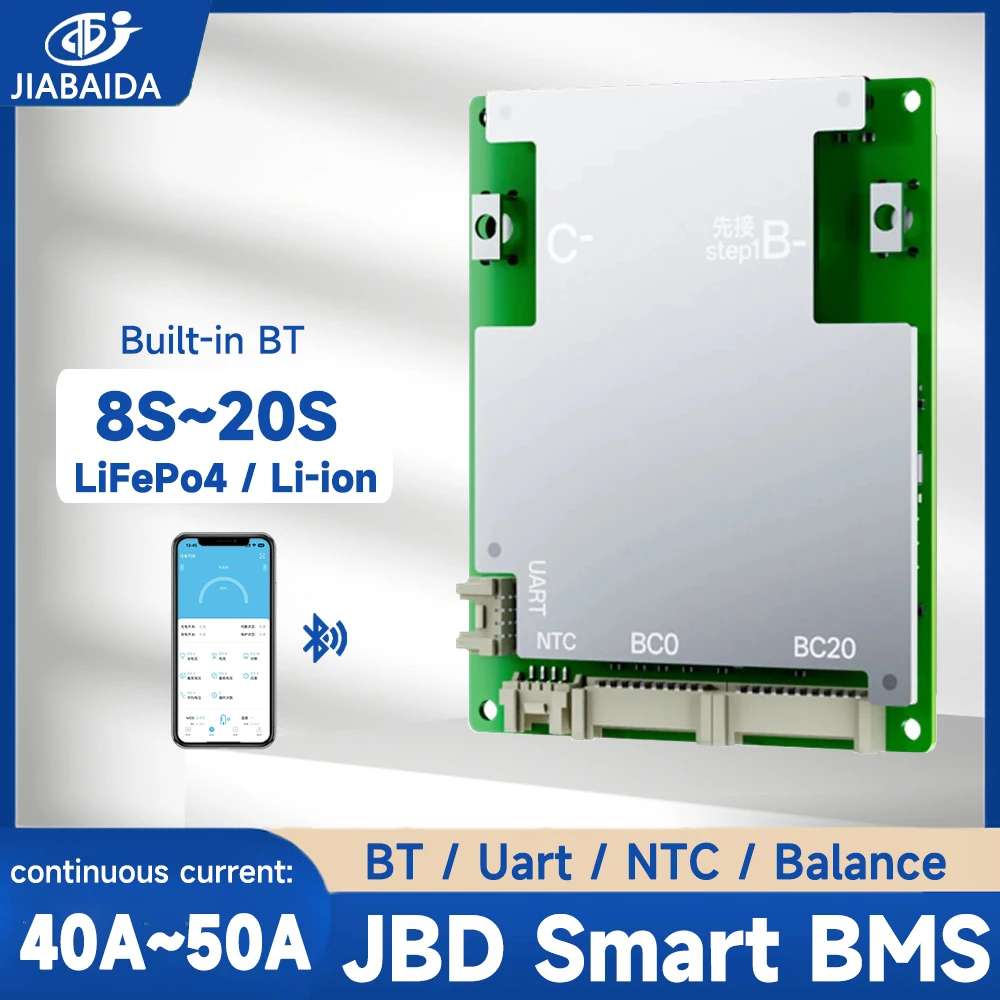 

JIABAIDA Smart BMS 8S-20S LiFePo4 Li-ion 10S 12S 13S 16S 48V 8S 24V 17S 40A 50A 60A Bluetooth Balance JBD BMS для электрического велосипеда