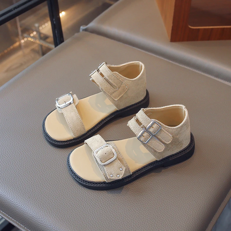 Girls Buckle Strap Leather Sandals 2026 New Summer Toddler Barefoot Sandals Non-slip Simple Retro Style School Outdoor Footwear