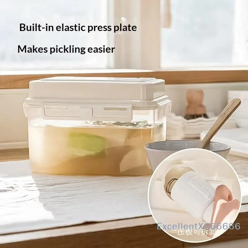 1Pc 4L Airtight Pickle Jar Plastic Leakproof With Press Plate Storage Container For Gherkin Sauerkraut Olive Kimchi Kitchen Bin