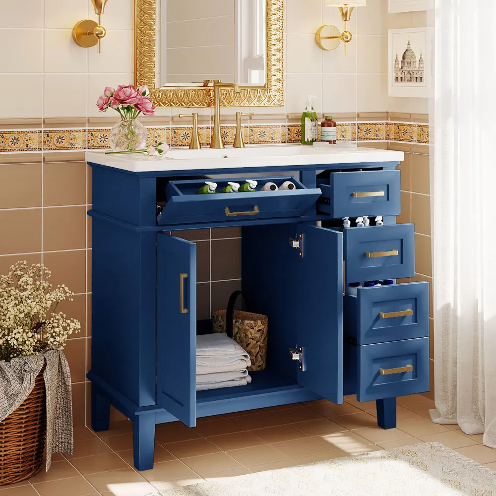 

36-inch Bathroom Vanity with Resin Sink, Modern Bathroom Cabinet in Blue, Featuring Two Soft Close Doors and Four Drawers