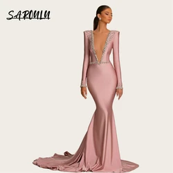 Dusty Rose Deep V Neck Satin Prom Dress Full Sleeves Crystals Mermaid Court Train Formal Occasion Evening Dresses Party Gown