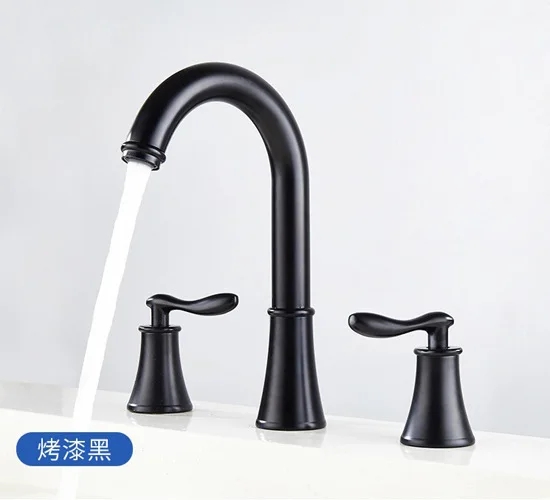 

Brass double handle black three hole faucet, hot and cold basin faucet, European style bathroom split 8-inch basin faucet