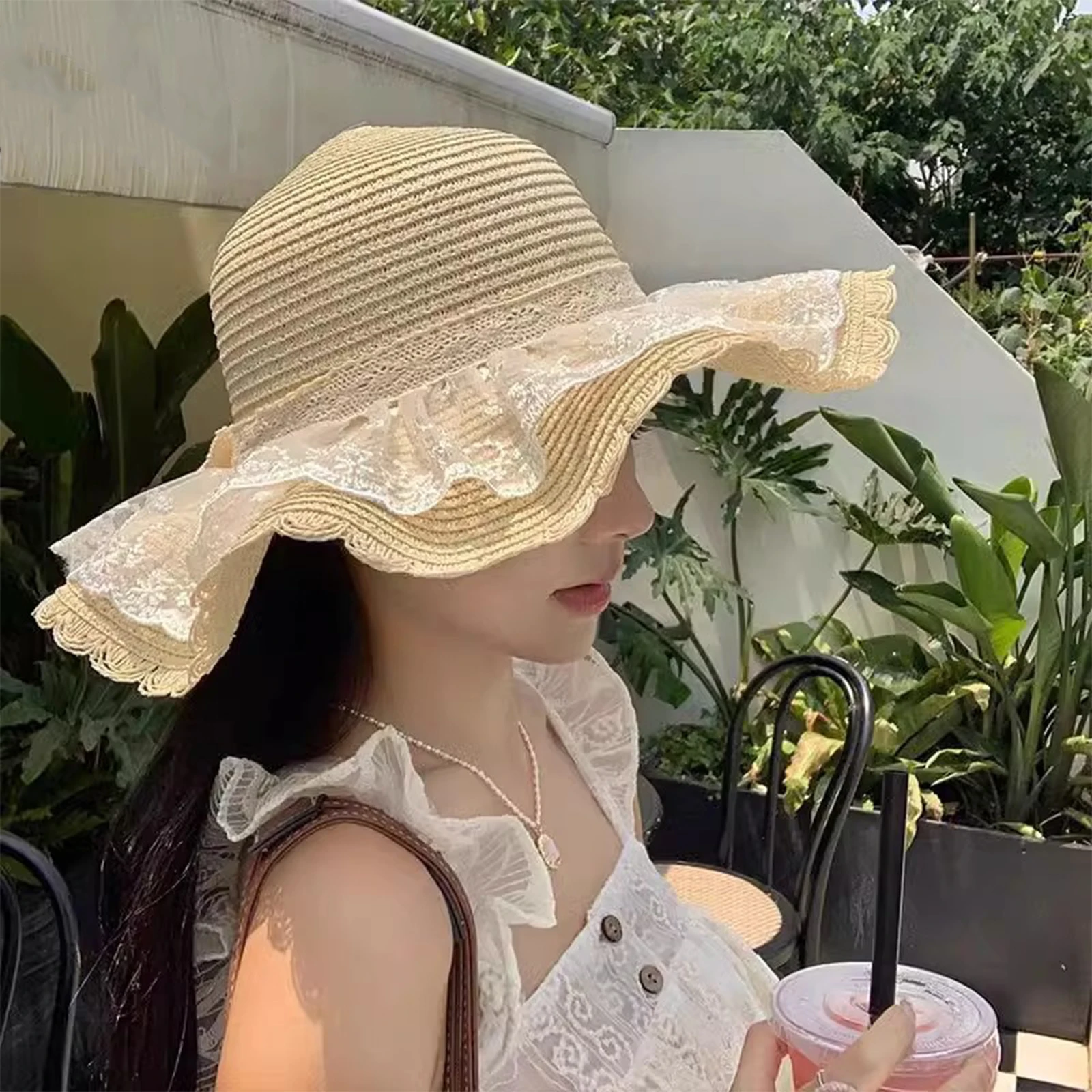 Women's Bow Lace Beach Hat Summer Essentials UV Shield Wide Brim Sun Hat Outdoor Daily Must Haves Elegant Ladies Headwear