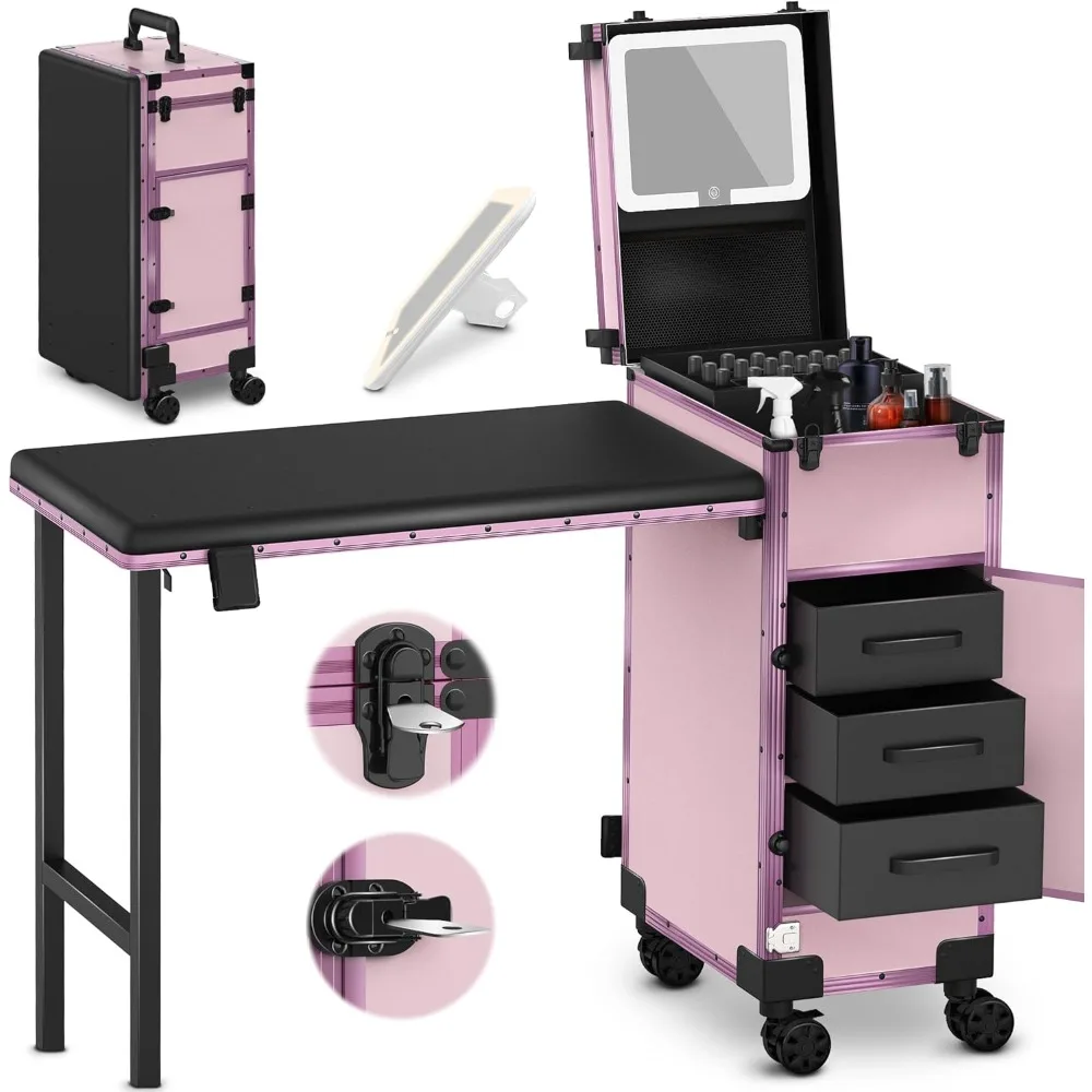 Rolling portable nail table with 3 drawers, mirror and nail polish finisher, lockable cosmetic train box with folding nail table