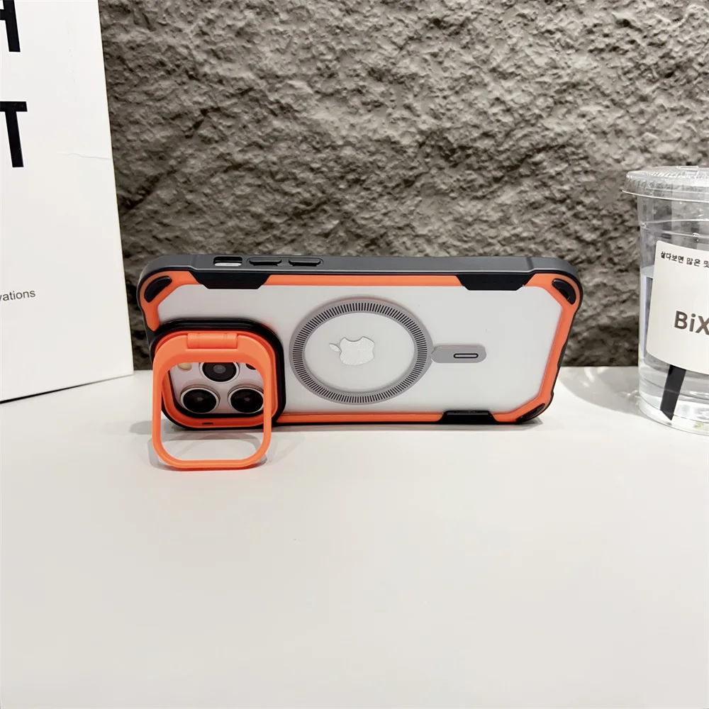 Military Armour Transparent Magnetic For Magsafe Phone Case for iPhone 13 14 15 16 Pro Max Lens Holder Splicing Color Back Cover