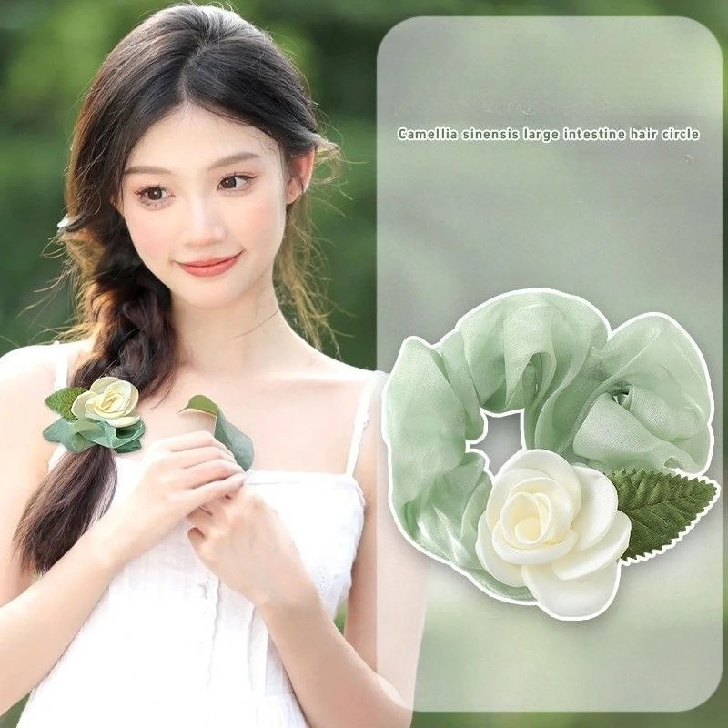 

Camellia Flower Scrunchies Elegant Temperament Elastic Rubber Bands Mesh Ponytail Holder for Women Girls Korean Sweet Headwear