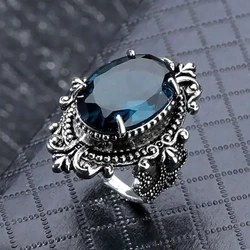 Huitan Bohemia Blue Rings for Women Aesthetic Caved Pattern Design Fancy Anniversary Gift Ethnic Finger Accessories Lady Jewelry