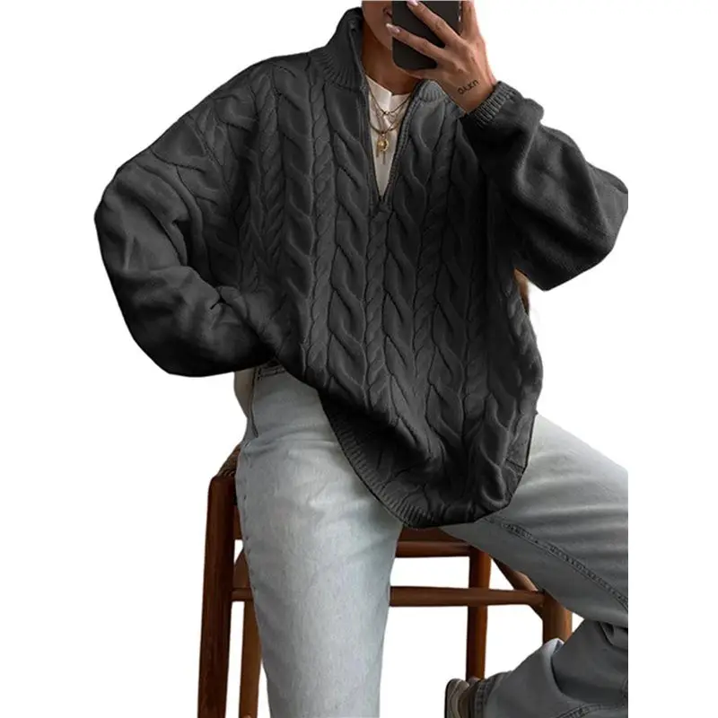 CYL-Women's Long Sleeve Half Turtle-Neck Sweater With Zipper Autumn And Winter Casual Ribbed Knit Pullover