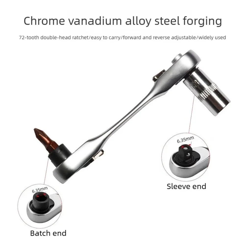 1/4 Inch Mini Ratchet Wrench 72‑Tooth Dual Drive CR‑V Steel 6.35mm Hex Square Socket Bit Reversible Repair Hand Tool