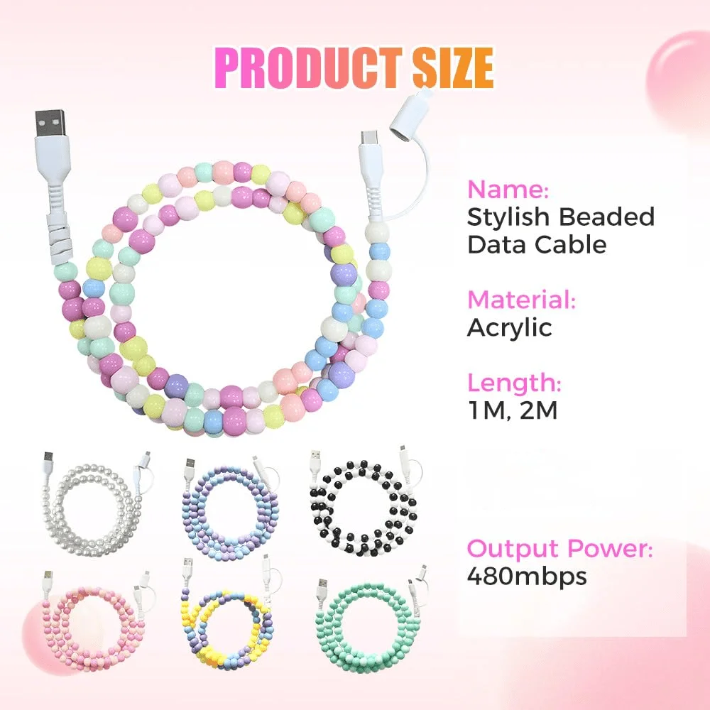 White pearl beaded charging cable USB/Type-C fast charging data cable suitable for Apple Android