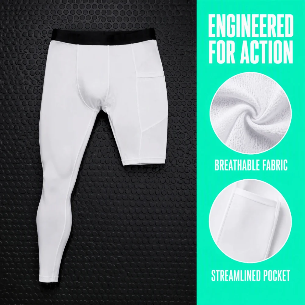 2pcs White Men's One Leg Compression Pants Polyester Spandex High Stretch Compression Legging Asymmetrical One Leg Side Pocket