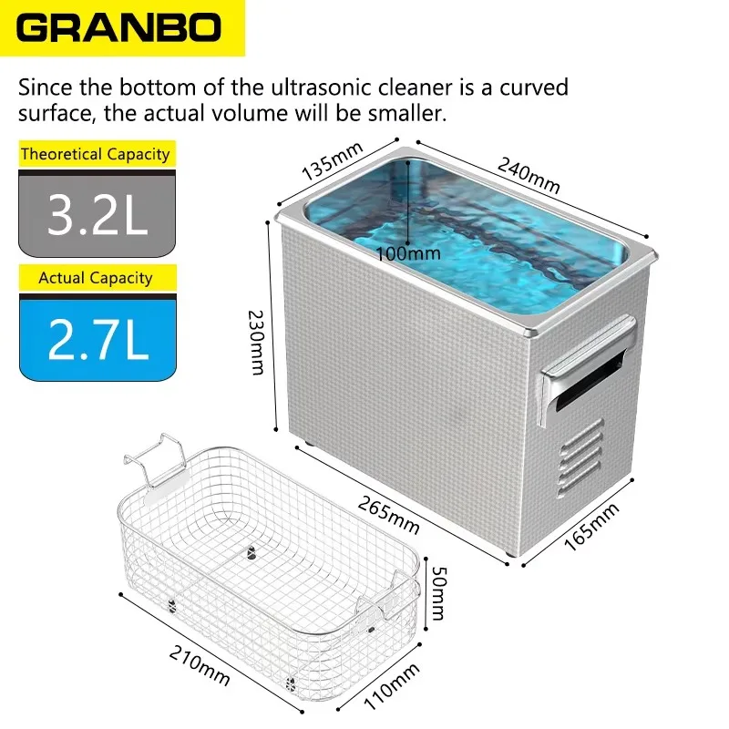 GRANBO 2025 New Digital Ultrasonic Cleaner 3.2L Heating Timer 120-180W 40KHz Ultrasonic Bath Printer Glasses Cleaning Appliances