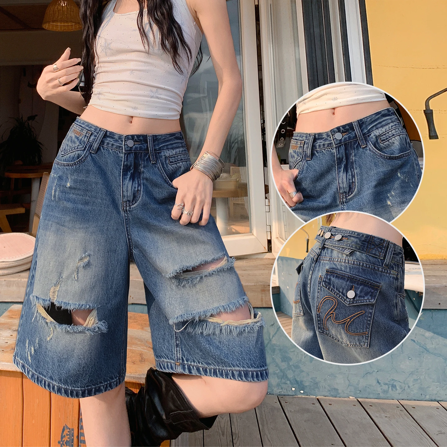 

American Retro Hole Wide Leg Denim Shorts Summer New Loose plus Size Conceal Meat Short Stature Six Straight Tube Pants