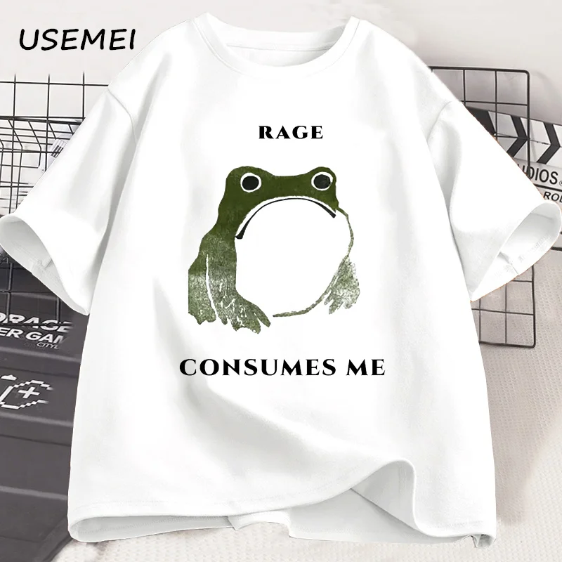 Men's T Shirts Funny Rage Consumes Me Frog Graphic T Shirts Vintage Cotton Short Sleeve Printed T-shirt Mens Clothes Streetwear