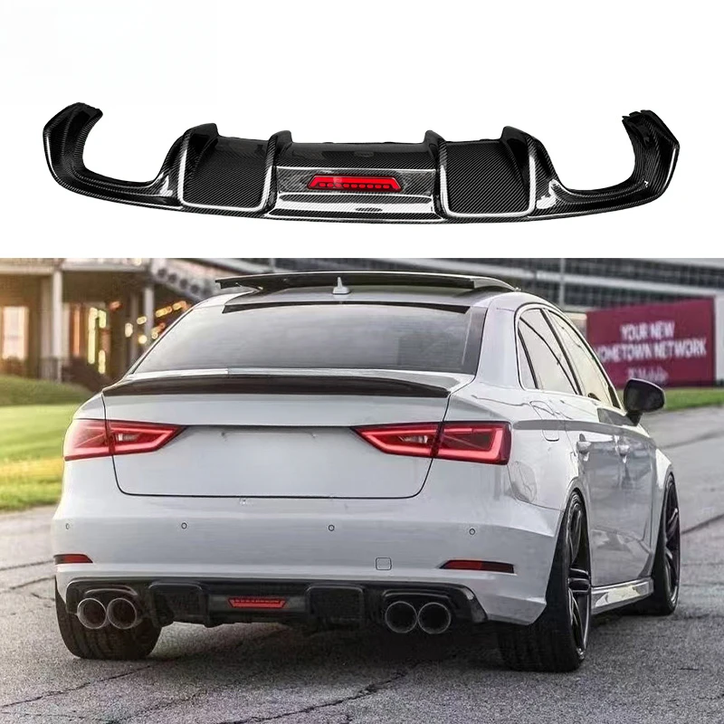 High Quality KB Style Carbon Fiber Rear Diffuser Rear Bumper Lip With Light Fit A3 8V Non Sline 2014-2016 Auto Modification Part