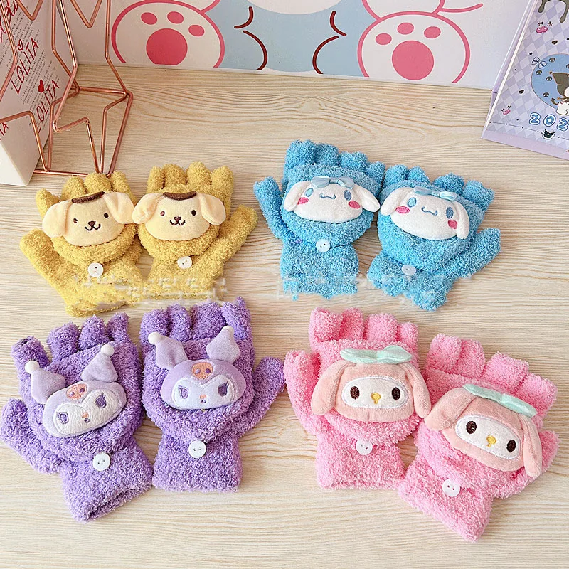 New Kawaii Sanrio Gloves Hello Kittys Cute Anime Half Finger Open Finger Cycling Flip Cover Short Section Warm Toy for Girl Gift