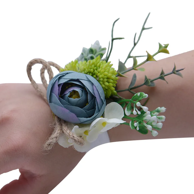 Blauwe Kunstmatige Roze Bloemen Pols Corsage Bruidsmeisje Huwelijksfeest Huwelijk Accessoires Novia