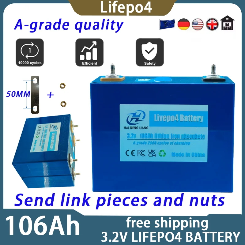 NEW 3.2V 100% capacity106Ah LiFePO4 Battery Rechargeable Cells for Solar Energy DIY Lithium Battery Pack Home Power 12V in Stock