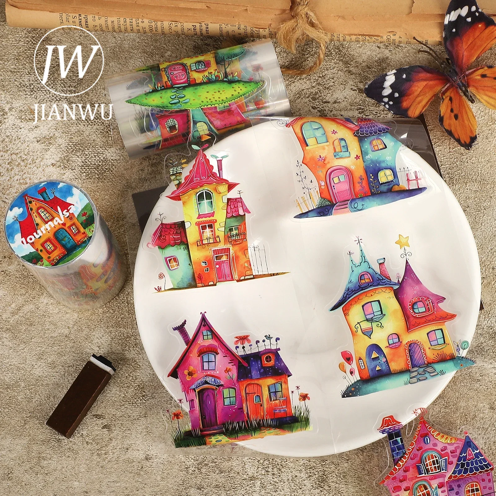 JIANWU 80mm*200cm Vintage Quirky Houses Landscape Material Collage Scrapbooking PET Tape Creative Journal Stationery