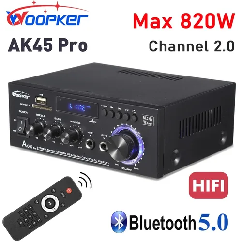 Woopker amplificador de potencia estéreo AK45 Pro Max 820W 2 canales Bluetooth 5,0 reproductor de amplificadores Hi-Fi para Karaoke de coche de cine en casa