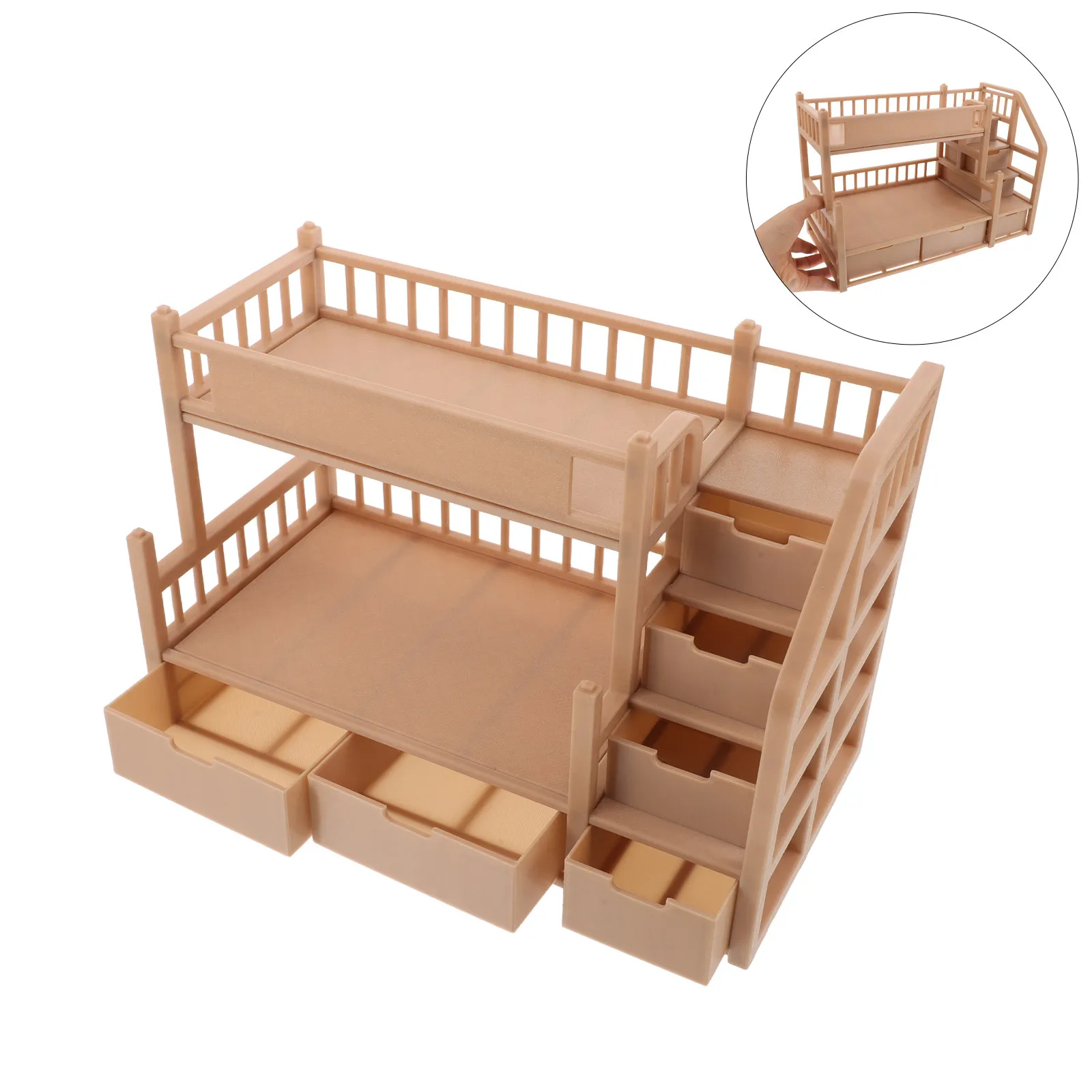 Miniature Wood Finish Bunk Bed for 18Cm Large Storage Drawer Compact Dollhouse Bedroom Furniture Decoration Accessories