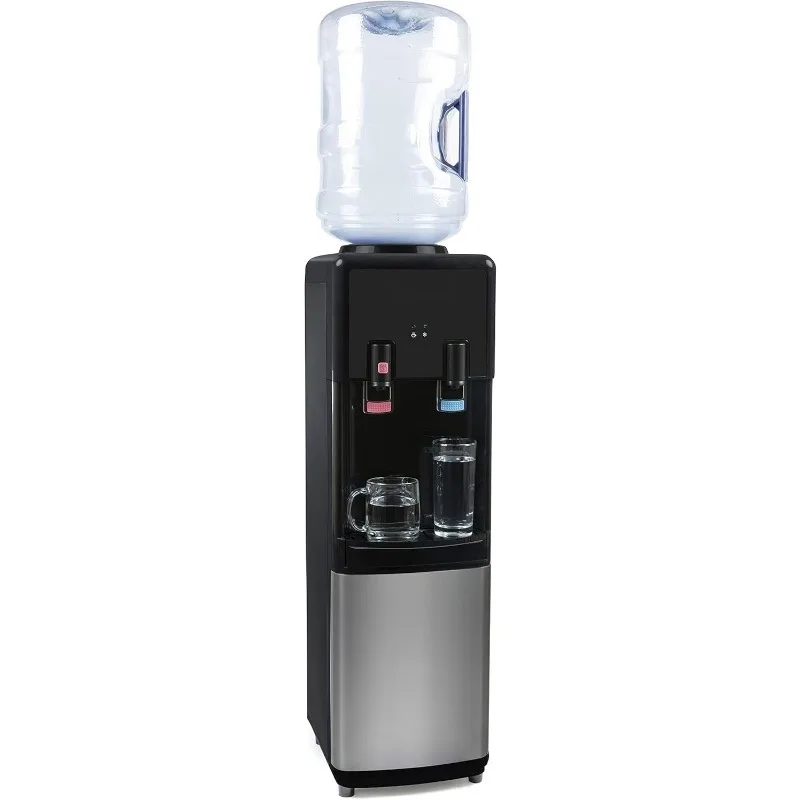 Enfriador de agua de carga superior – Dispensador frío y caliente – Negro y acero inoxidable, capacidad para jarras de 3 y 5 galones, cerradura de seguridad para niños