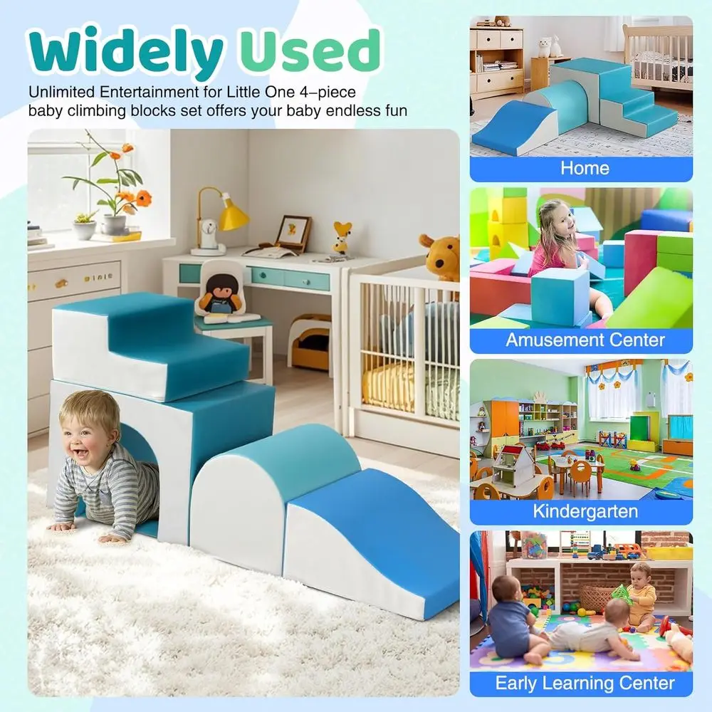 Zielone piankowe klocki do wspinaczki z zjeżdżalnią i tunelami dla maluchów: 4-częściowy miękki zestaw do zabawy.