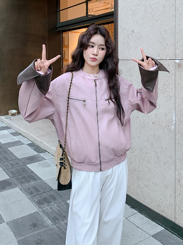 Pink Color Blo Slim Fit ort Leather Jaet Women's Outerwear Spring Autumn 2025 New Faion PU Leather Jaet