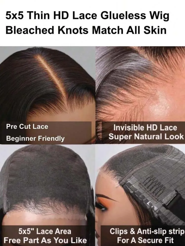 5x5 dünne HD-Perücke mit Spitzenverschluss, leimlose Körperwellenperücke mit gebleichten Knoten, passend zu allen Hauttypen, 250 % Dichte